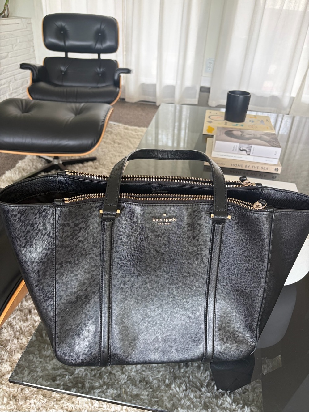 kate spade Black Leather Structured Tote with Gold Hardware